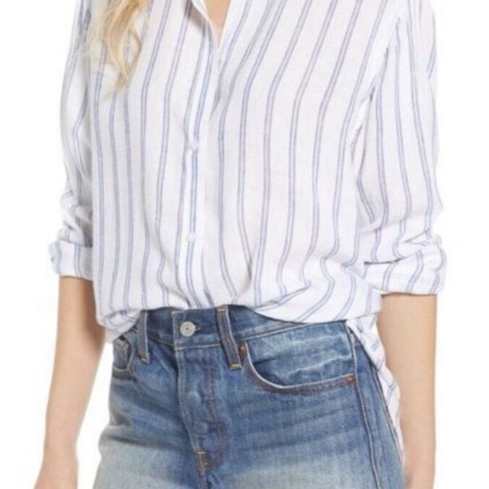 Rails Sydney Blue White Marine Stripe Gauzy  Button Front  Shirt Size L
